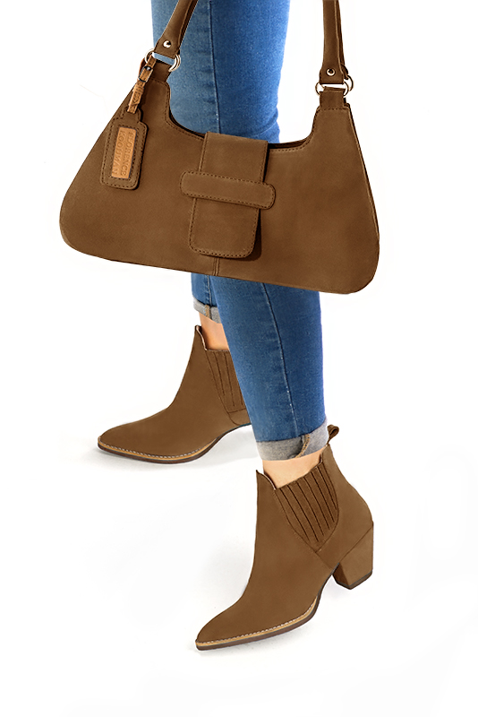Caramel brown women's ankle boots, with elastics. Tapered toe. Medium cone heels. Worn view - Florence KOOIJMAN